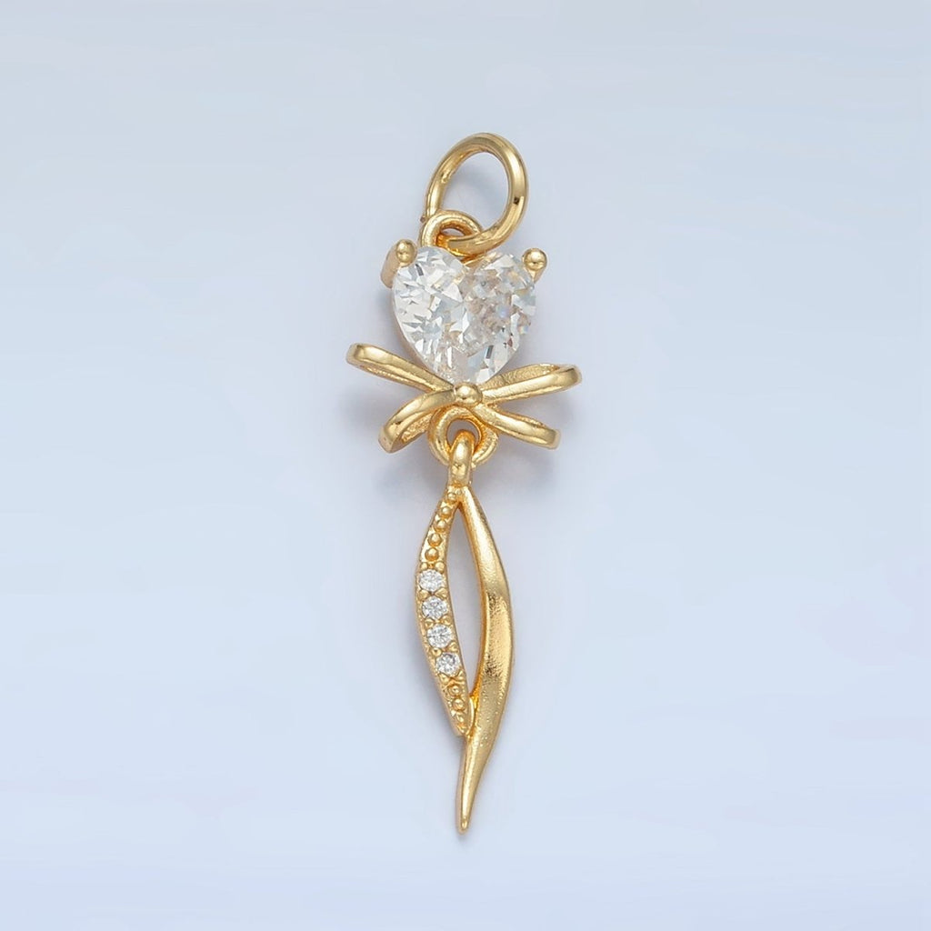 24K Gold plated Heart CZ Ribbon Bow Curved Micro Paved Drop Charm | X298 - DLUXCA