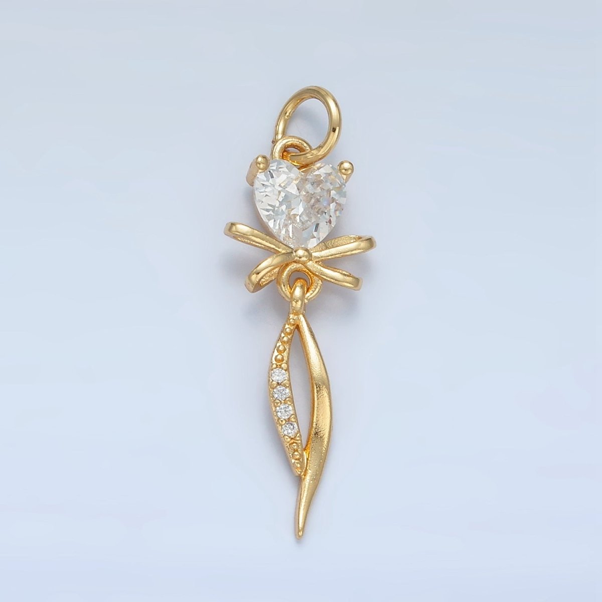 24K Gold plated Heart CZ Ribbon Bow Curved Micro Paved Drop Charm | X298 - DLUXCA