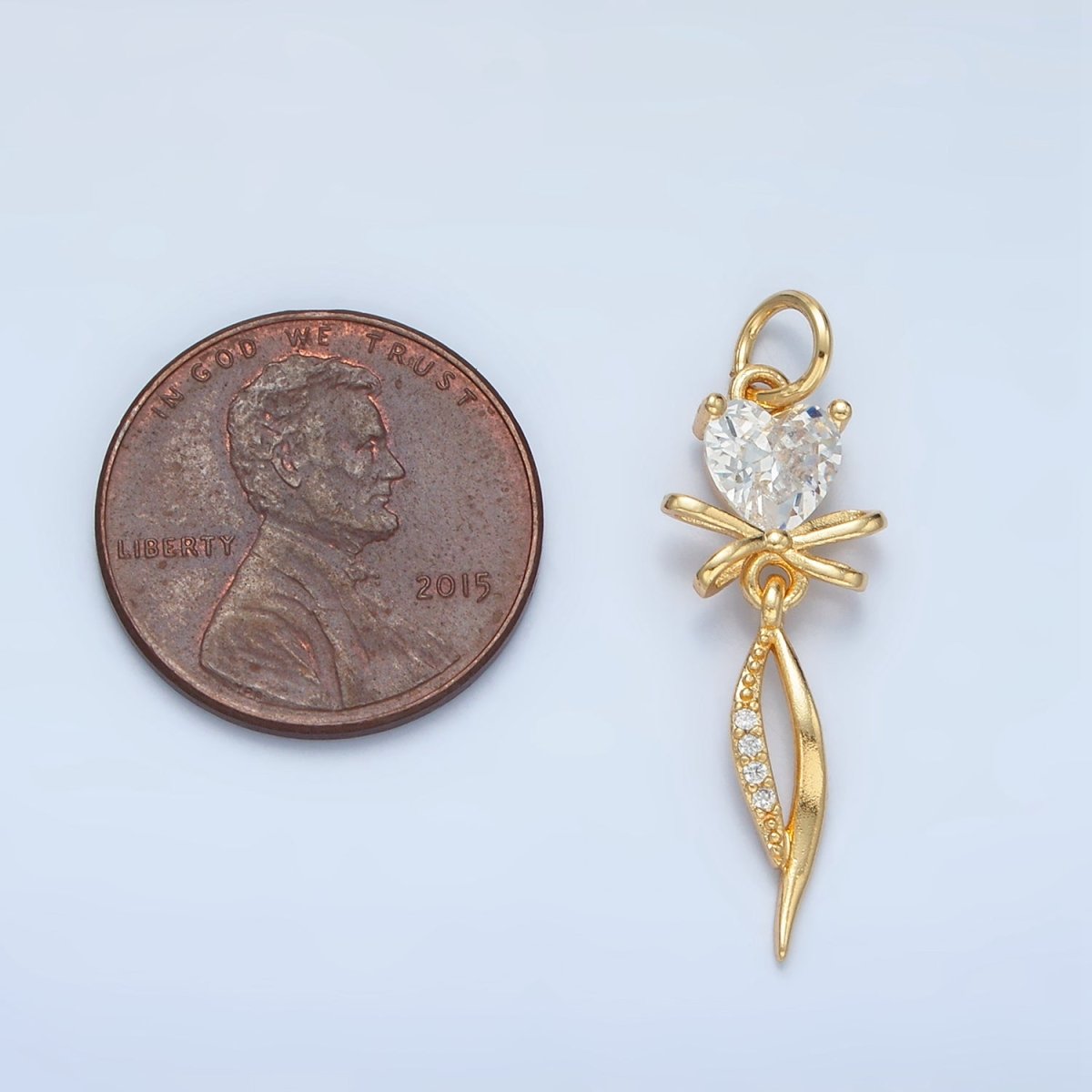 24K Gold plated Heart CZ Ribbon Bow Curved Micro Paved Drop Charm | X298 - DLUXCA