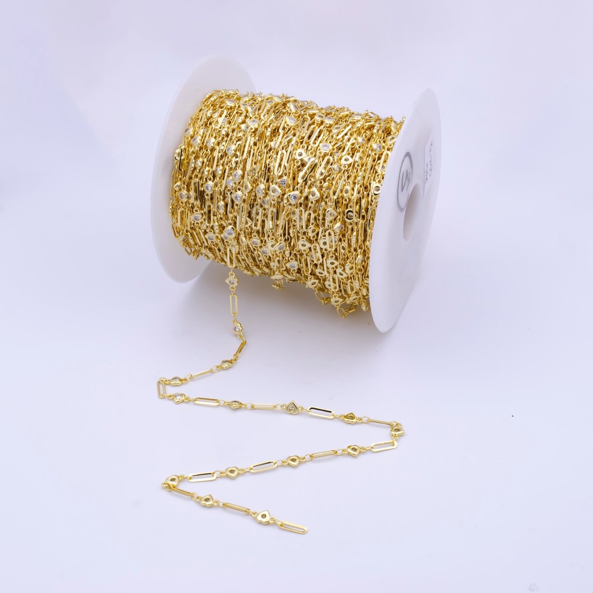 24k Gold plated Heart CZ Satellites Chain by Yard Wholesale Gold Station Chain CZ Bezel Cut Chain for Jewelry Making | ROLL-787 Clearance Pricing - DLUXCA