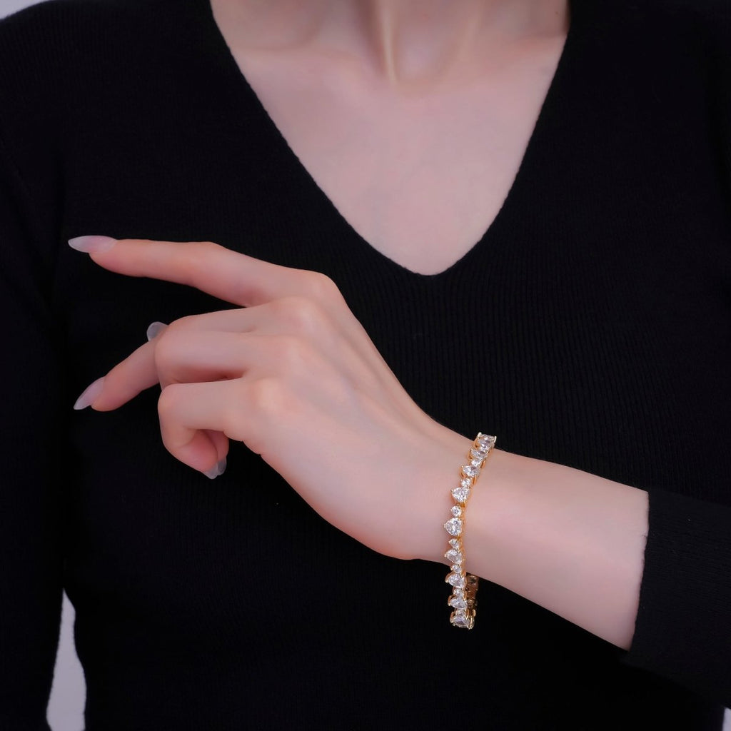 24K Gold plated Heart CZ Tennis Chain 7 Inch Bracelet in Gold & Silver | WA - 2859 WA - 2860 - DLUXCA