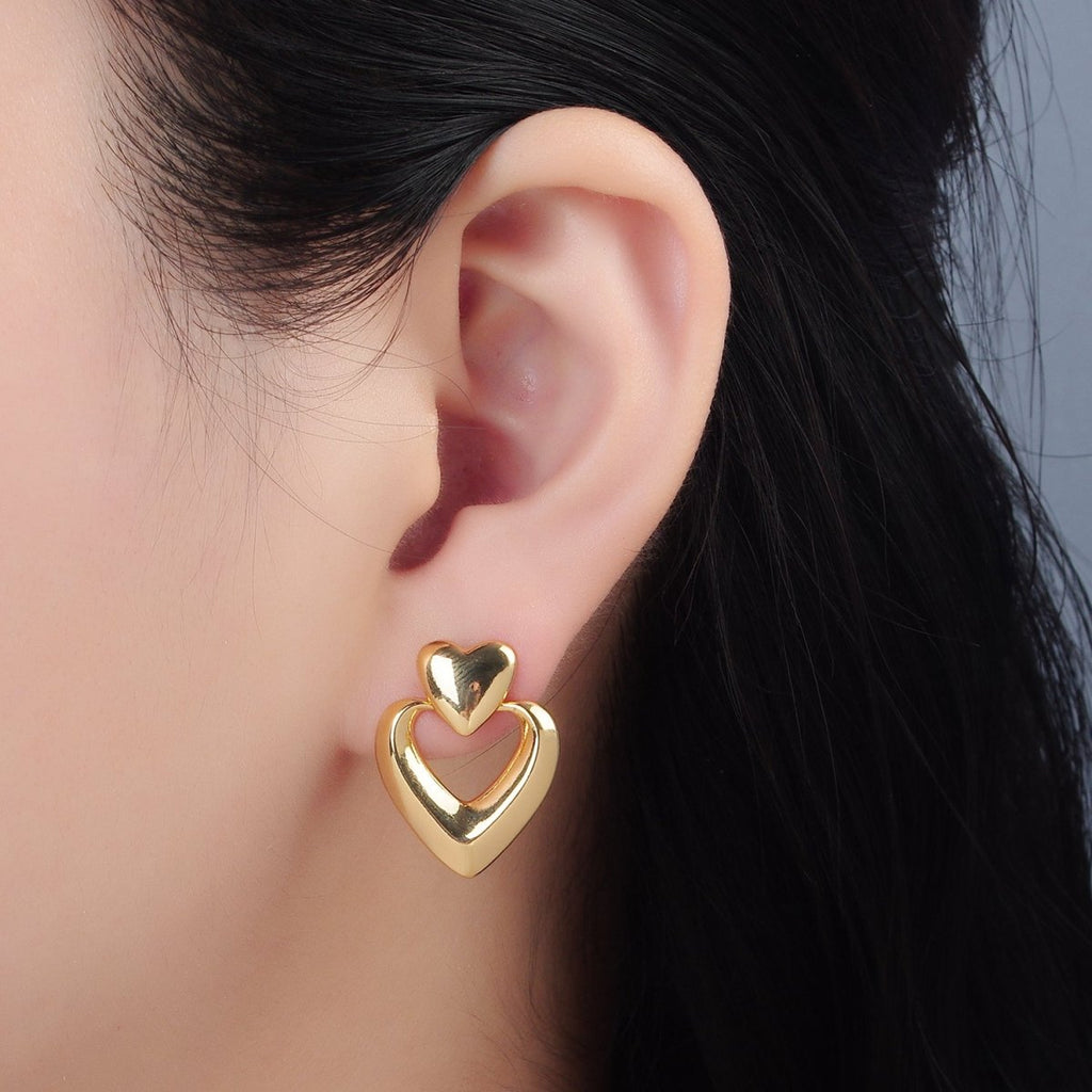 24K Gold plated Heart Edged Door Knocker Drop Stud Earrings | AD654 - DLUXCA