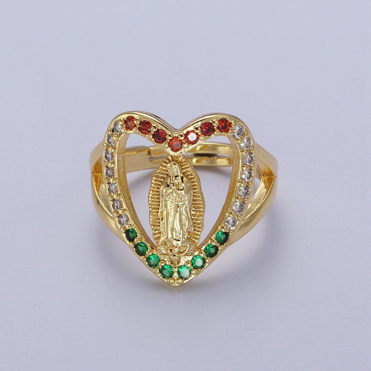 24K Gold plated Heart Micro Paved Multicolor Religious Virgin Mary Lady Guadalupe Ring | Y-445 - DLUXCA