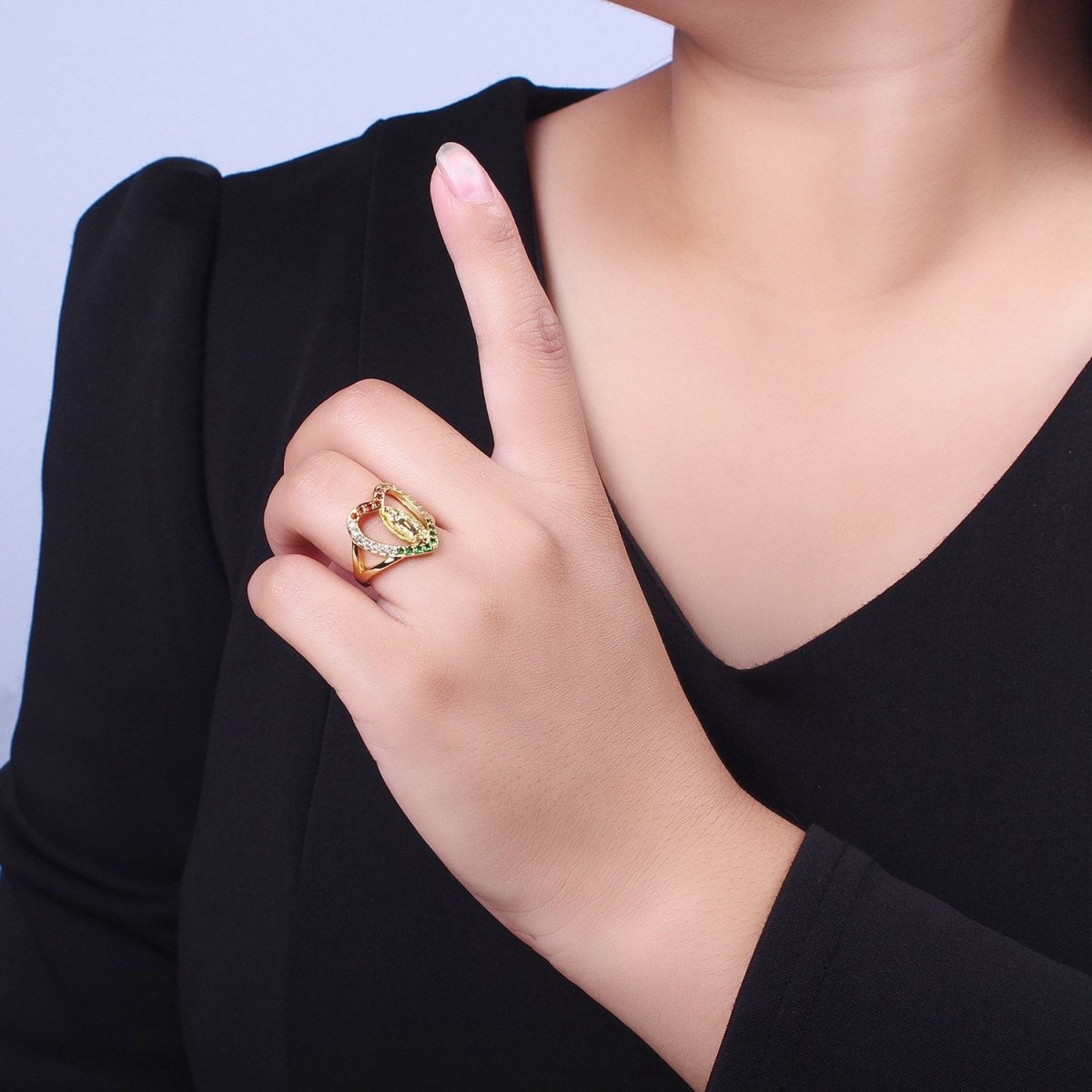 24K Gold plated Heart Micro Paved Multicolor Religious Virgin Mary Lady Guadalupe Ring | Y-445 - DLUXCA