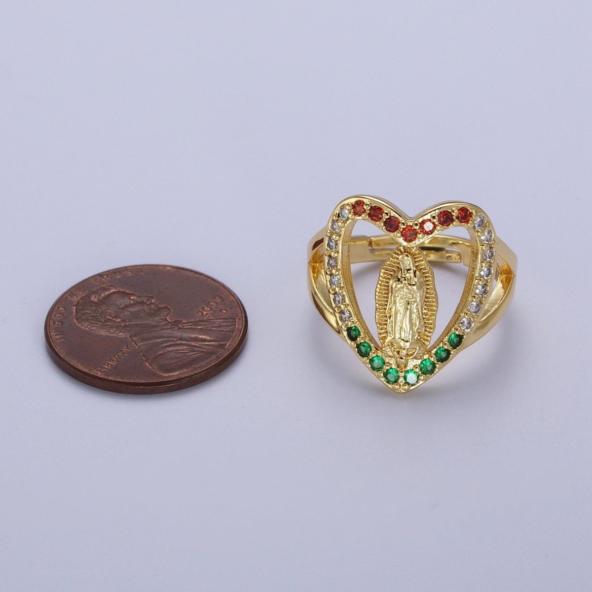 24K Gold plated Heart Micro Paved Multicolor Religious Virgin Mary Lady Guadalupe Ring | Y-445 - DLUXCA