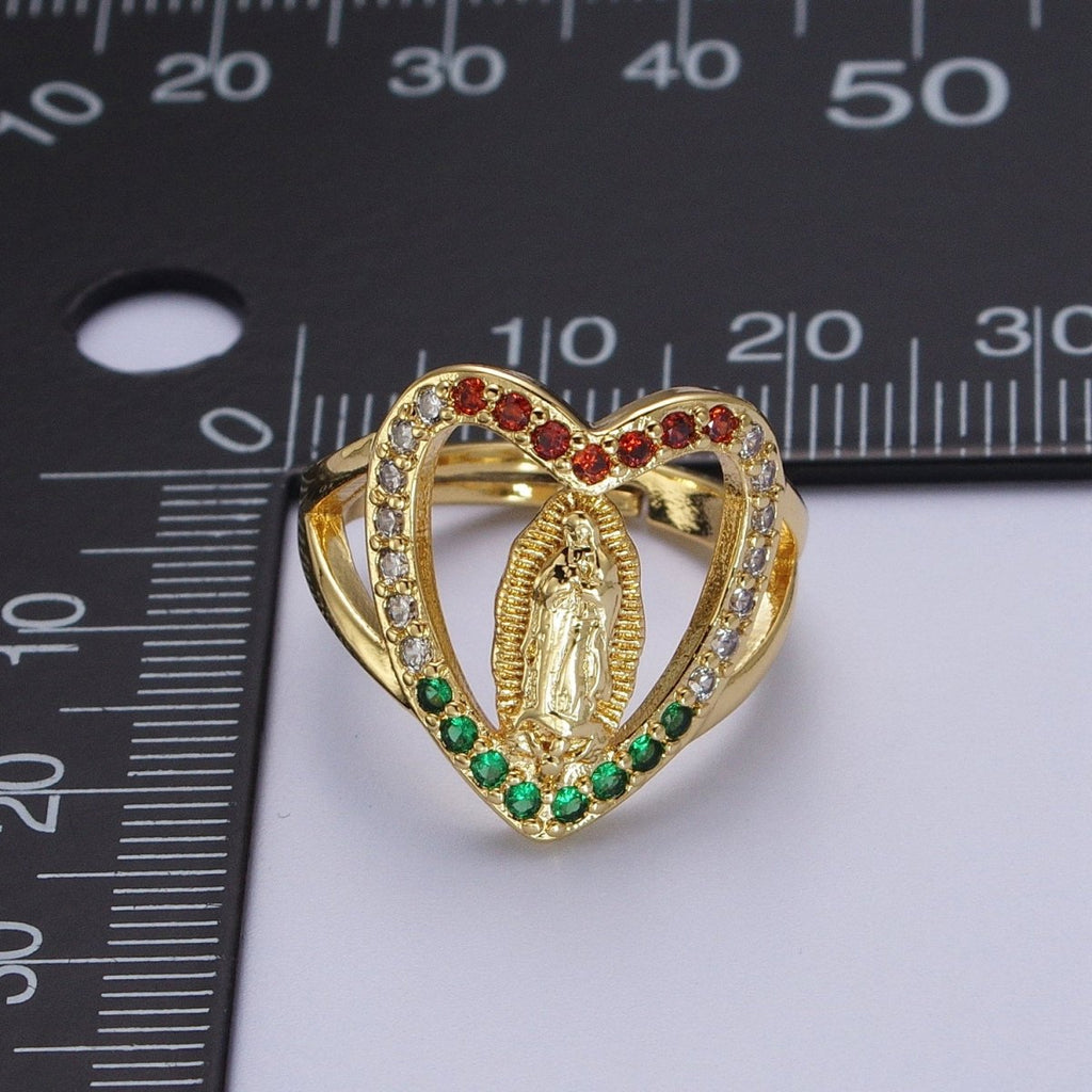 24K Gold plated Heart Micro Paved Multicolor Religious Virgin Mary Lady Guadalupe Ring | Y-445 - DLUXCA