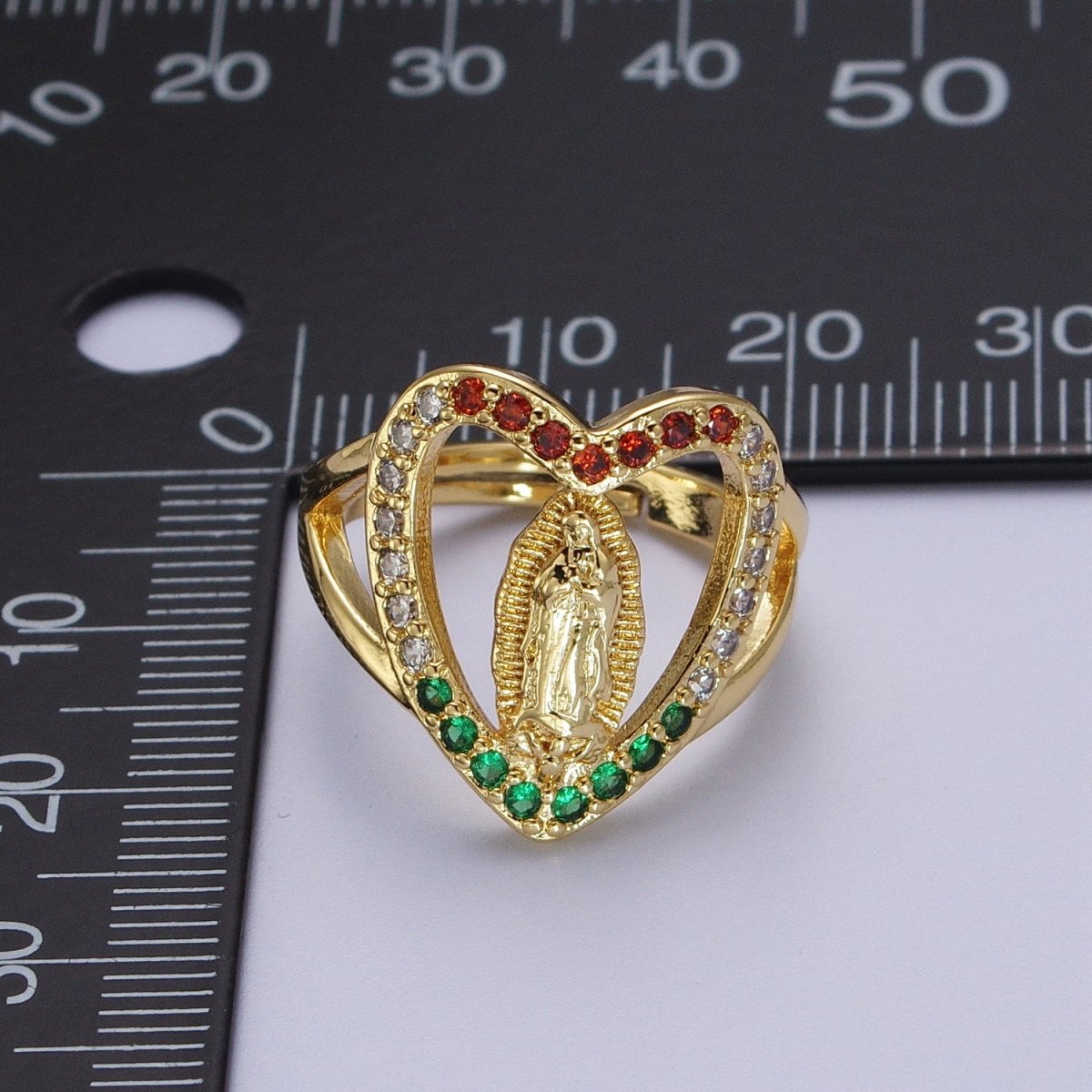 24K Gold plated Heart Micro Paved Multicolor Religious Virgin Mary Lady Guadalupe Ring | Y-445 - DLUXCA