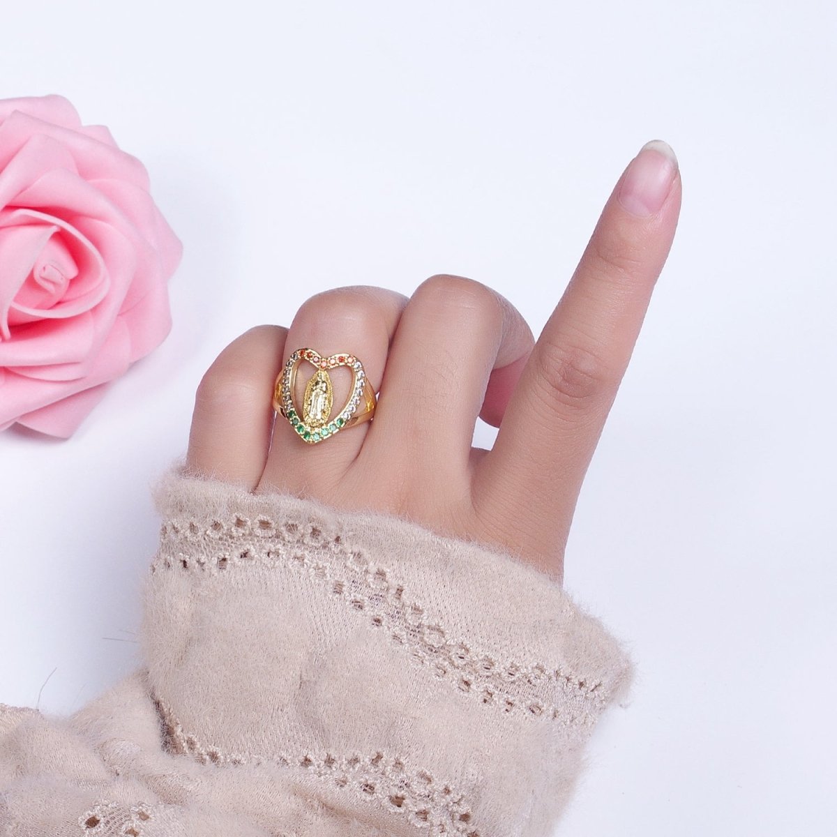 24K Gold plated Heart Micro Paved Multicolor Religious Virgin Mary Lady Guadalupe Ring | Y-445 - DLUXCA