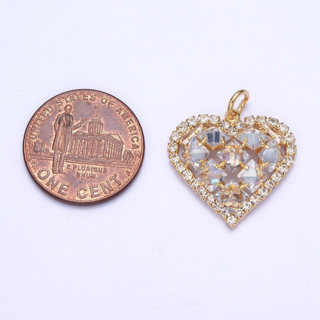 24K Gold plated Heart Micro Paved Rhombus CZ Cubic Zirconia Charm | X-194 - DLUXCA