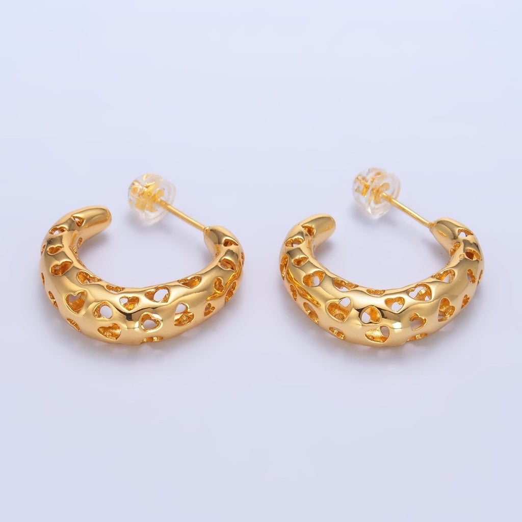 24K Gold plated Heart Open Filigree C - Shaped Hoop Earrings | AB738 