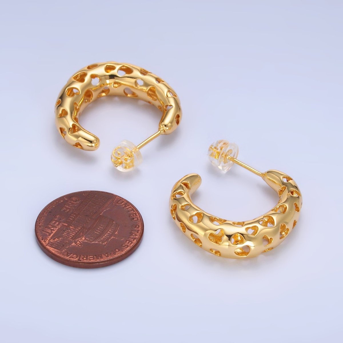24K Gold plated Heart Open Filigree C - Shaped Hoop Earrings | AB738 