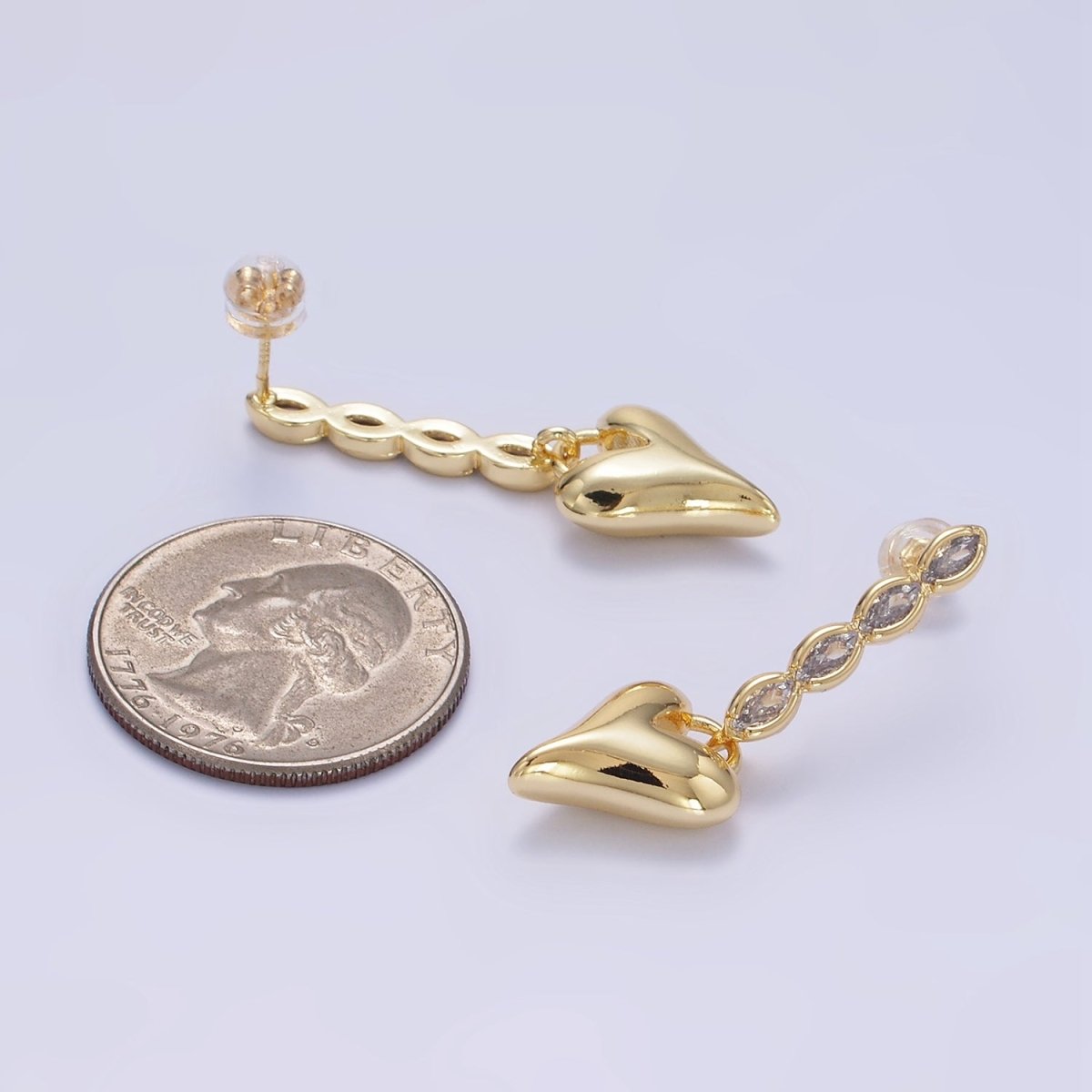 24K Gold plated Heart Padlock Marquise CZ Drop Stud Earrings | P144 - DLUXCA