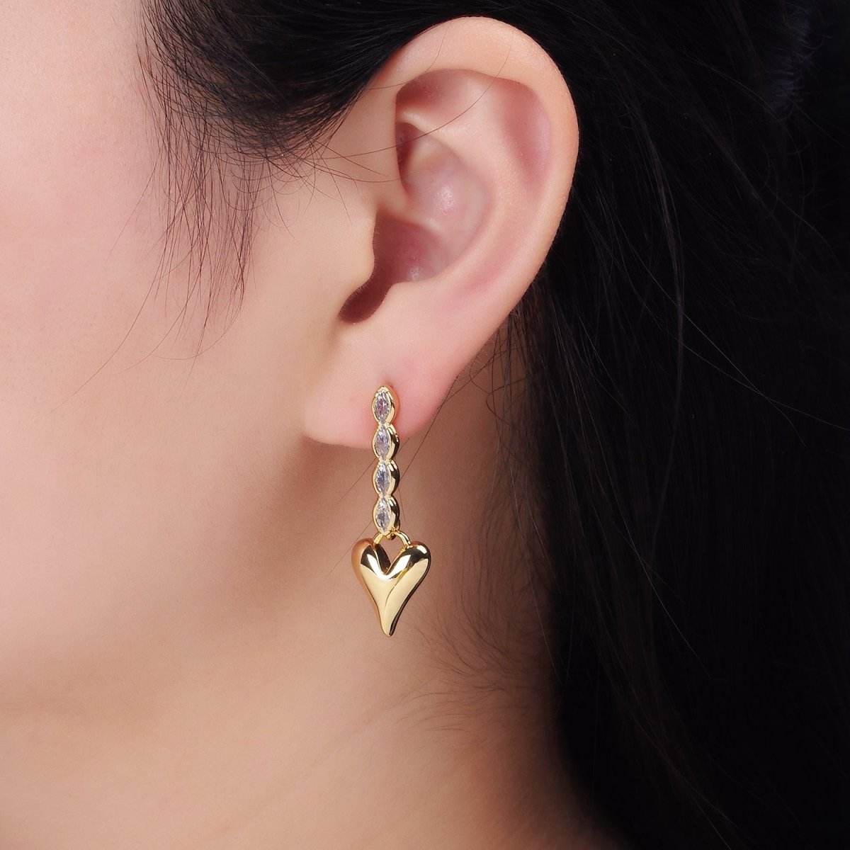 24K Gold plated Heart Padlock Marquise CZ Drop Stud Earrings | P144 - DLUXCA