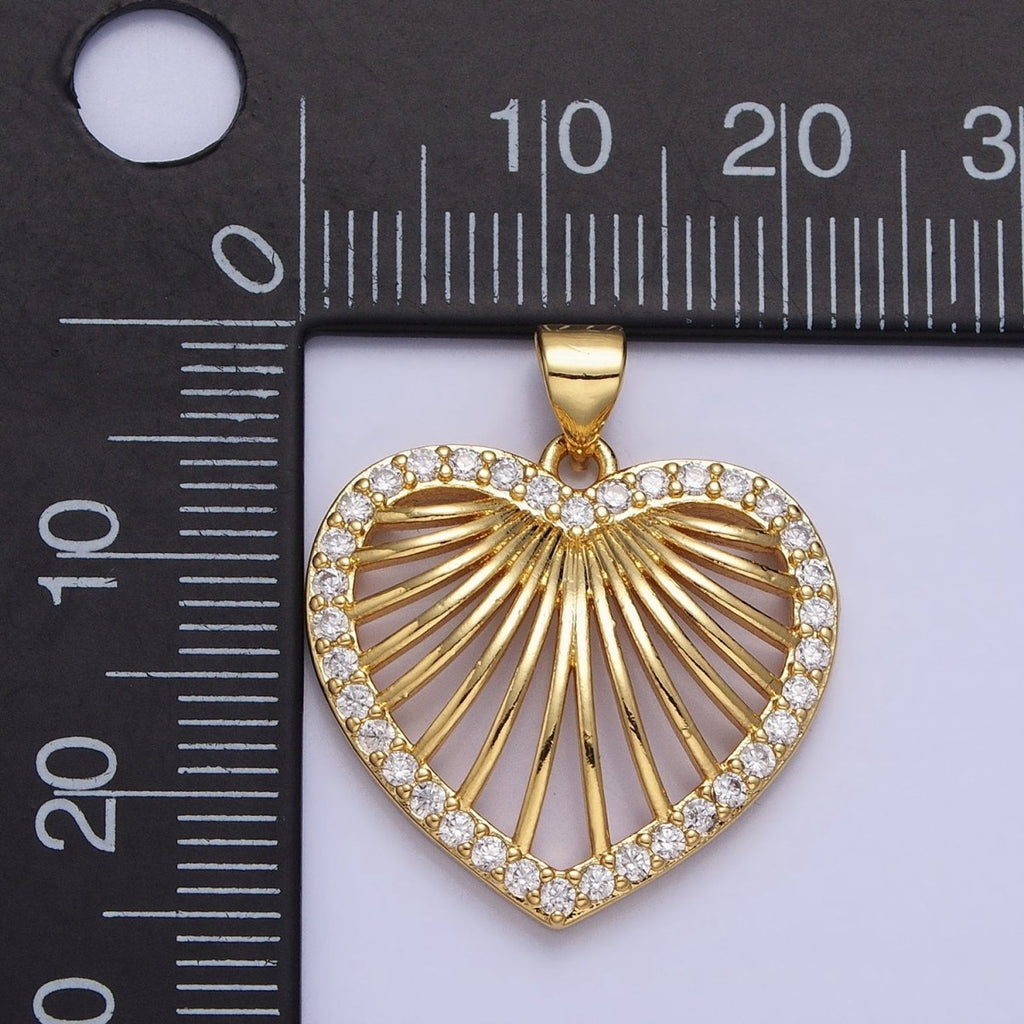 24K Gold plated Heart Valentine Lined Micro Paved CZ Open Pendant | AA344 - DLUXCA