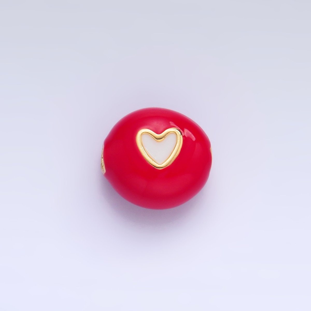 24K Gold plated Heart White, Red Enamel Round Bead | B183 - DLUXCA