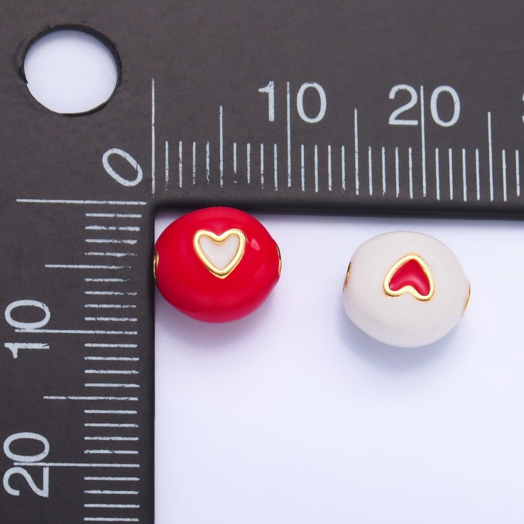 24K Gold plated Heart White, Red Enamel Round Bead | B183 - DLUXCA