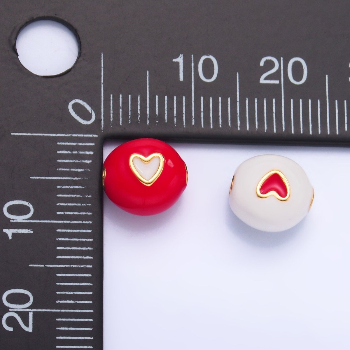 24K Gold plated Heart White, Red Enamel Round Bead | B183 - DLUXCA