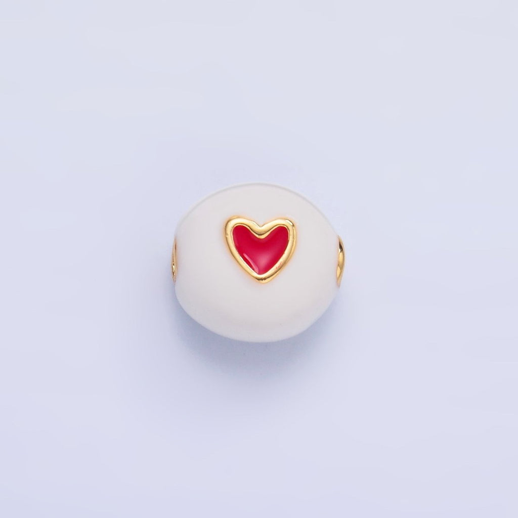 24K Gold plated Heart White, Red Enamel Round Bead | B183 - DLUXCA