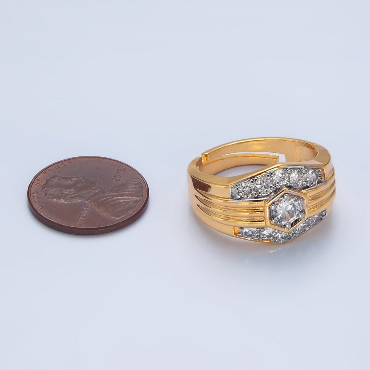 24K Gold plated Hexagon Dome Micro Paved CZ Mixed Metal Ring | O1417 - DLUXCA
