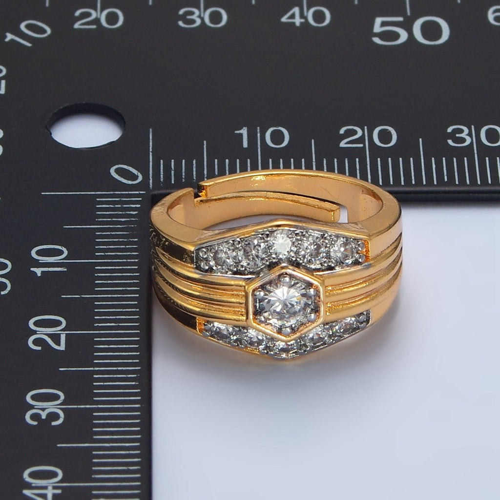 24K Gold plated Hexagon Dome Micro Paved CZ Mixed Metal Ring | O1417 - DLUXCA