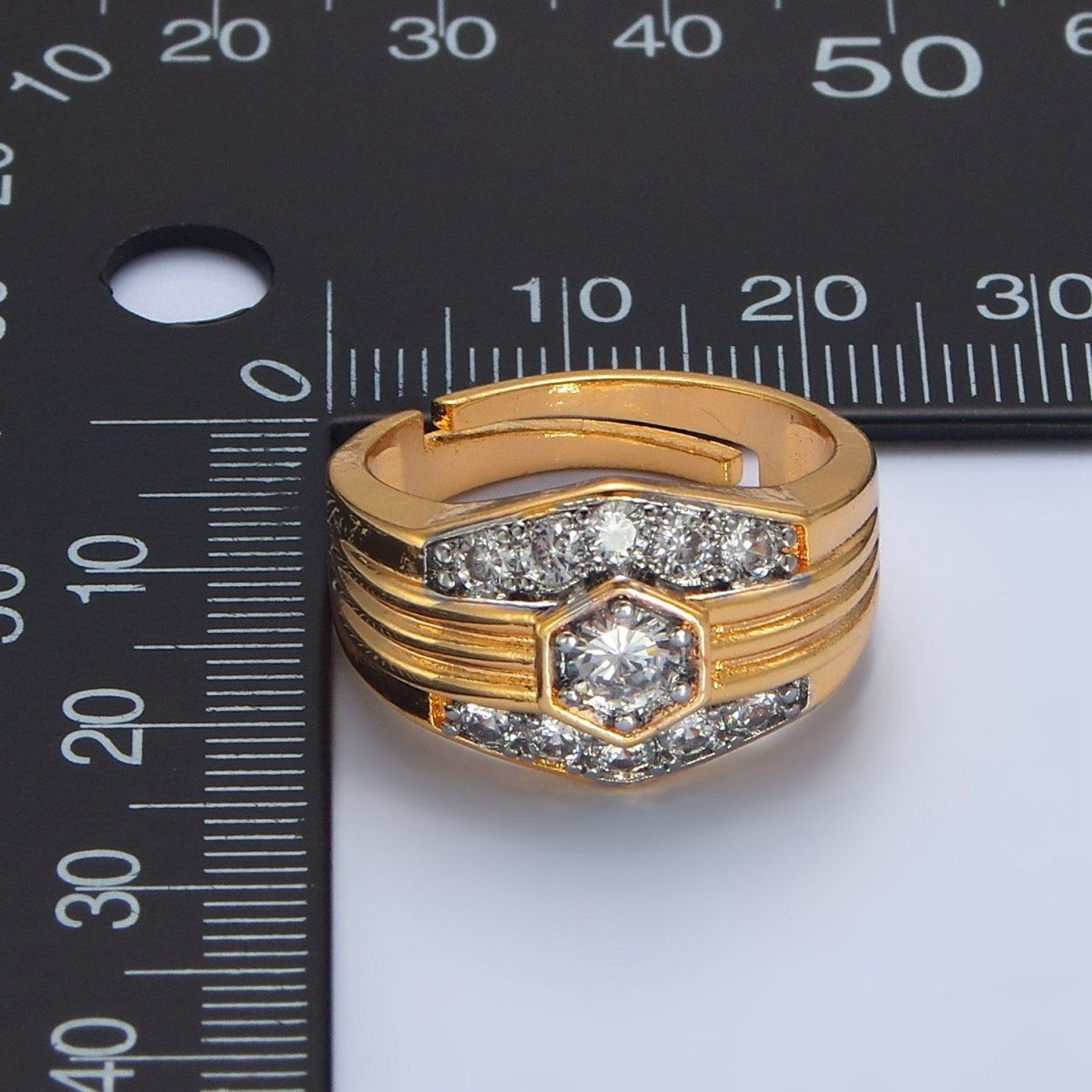 24K Gold plated Hexagon Dome Micro Paved CZ Mixed Metal Ring | O1417 - DLUXCA