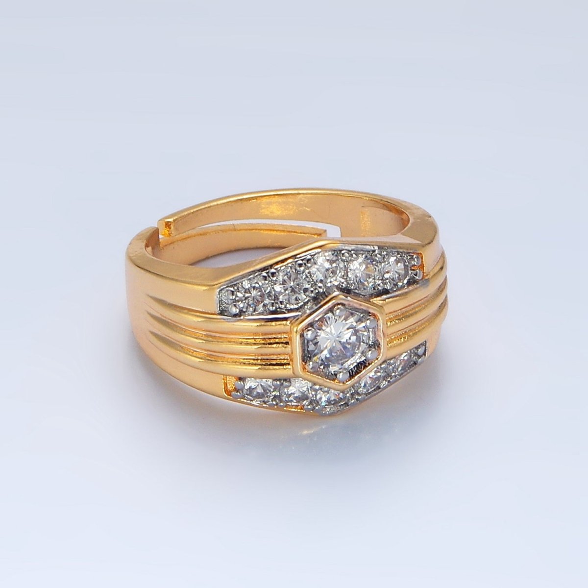 24K Gold plated Hexagon Dome Micro Paved CZ Mixed Metal Ring | O1417 - DLUXCA