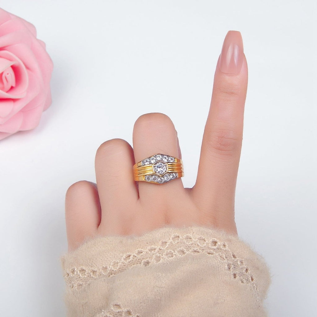 24K Gold plated Hexagon Dome Micro Paved CZ Mixed Metal Ring | O1417 - DLUXCA