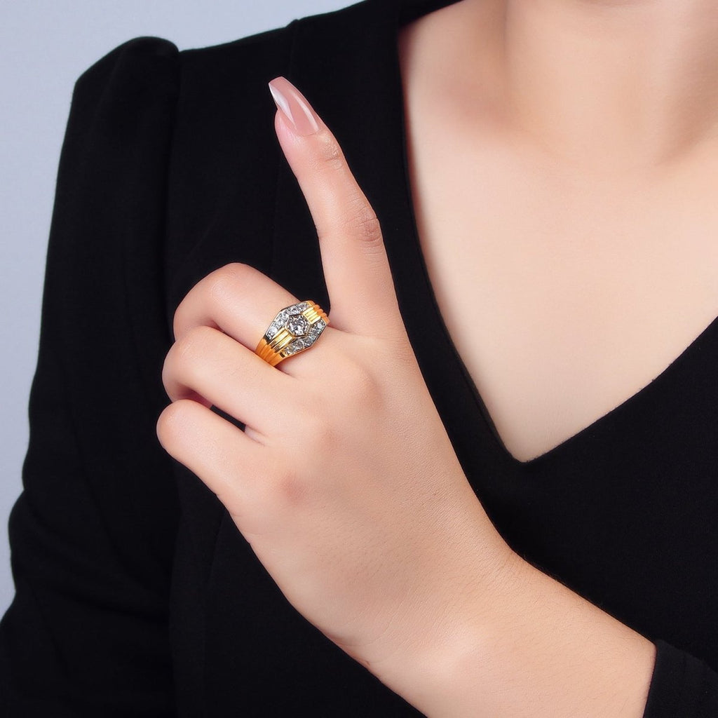 24K Gold plated Hexagon Dome Micro Paved CZ Mixed Metal Ring | O1417 - DLUXCA