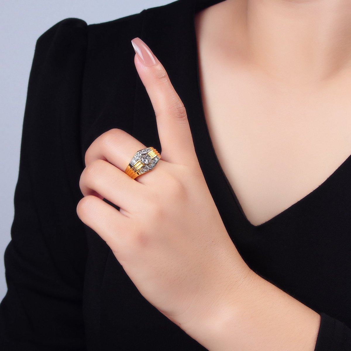 24K Gold plated Hexagon Dome Micro Paved CZ Mixed Metal Ring | O1417 - DLUXCA