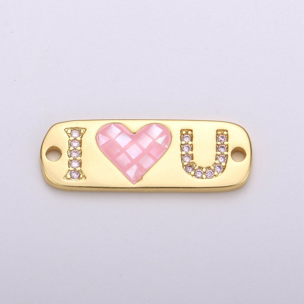 24K Gold plated "I Love U" Micro Paved Pink Heart Opal Shell Link Connector F-394 - DLUXCA