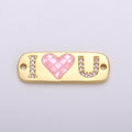 24K Gold plated "I Love U" Micro Paved Pink Heart Opal Shell Link Connector F-394 - DLUXCA