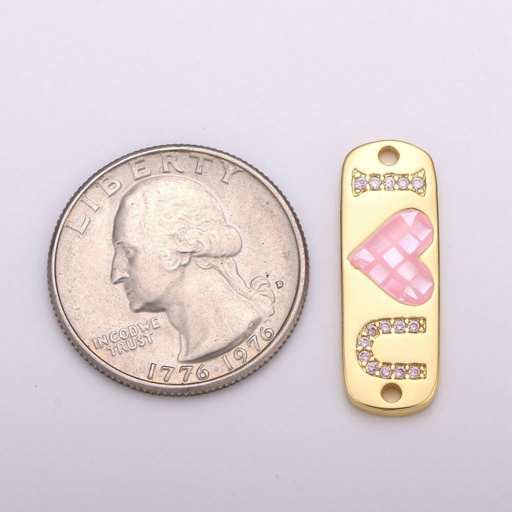 24K Gold plated "I Love U" Micro Paved Pink Heart Opal Shell Link Connector F-394 - DLUXCA