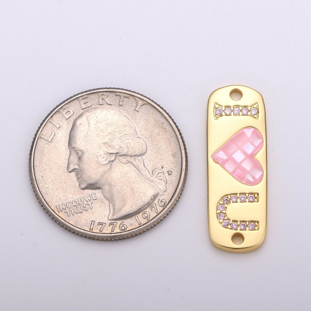 24K Gold plated "I Love U" Micro Paved Pink Heart Opal Shell Link Connector F-394 - DLUXCA