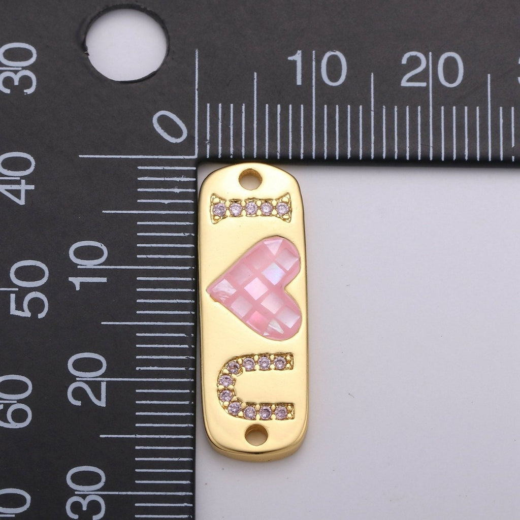 24K Gold plated "I Love U" Micro Paved Pink Heart Opal Shell Link Connector F-394 - DLUXCA