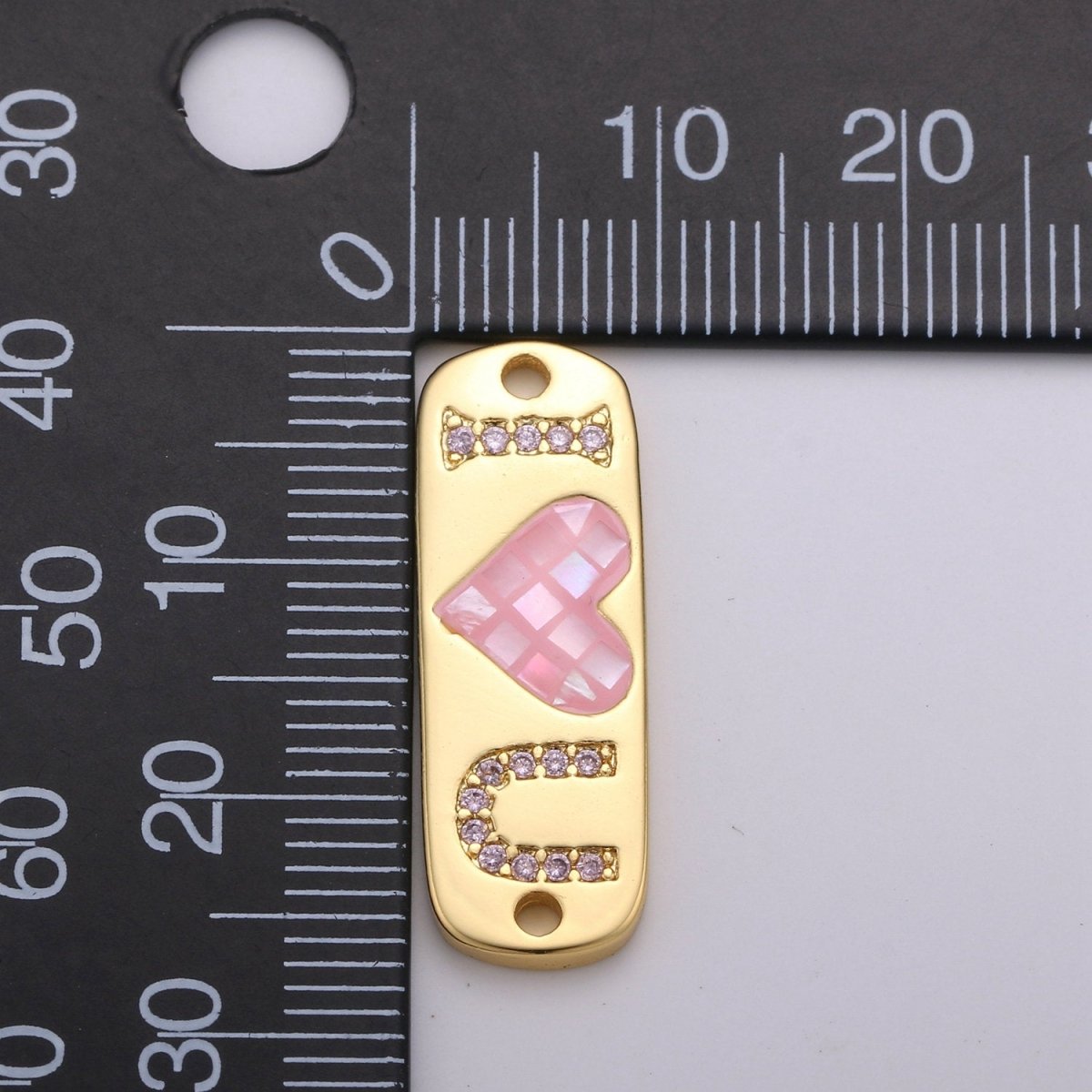 24K Gold plated "I Love U" Micro Paved Pink Heart Opal Shell Link Connector F-394 - DLUXCA