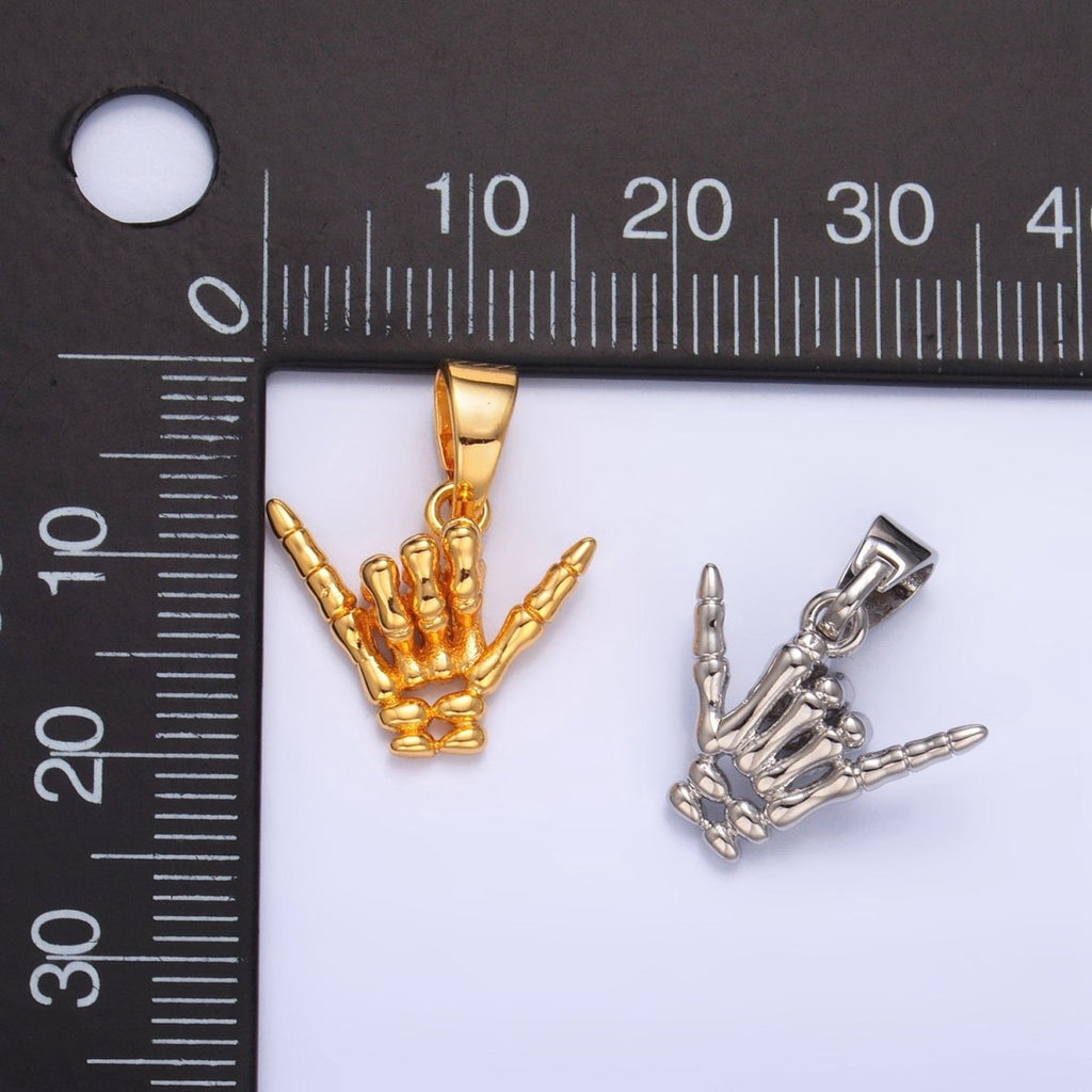 24K Gold plated "I Love You" "Rock & Roll" Hand Gesture Skeleton Pendant in Gold & Silver | AA1002 - DLUXCA