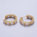 24K Gold plated Inside Outside Double Sided Baguette Cubic Zirconia Beaded Huggie Hoops Earrings | Y-036 - DLUXCA