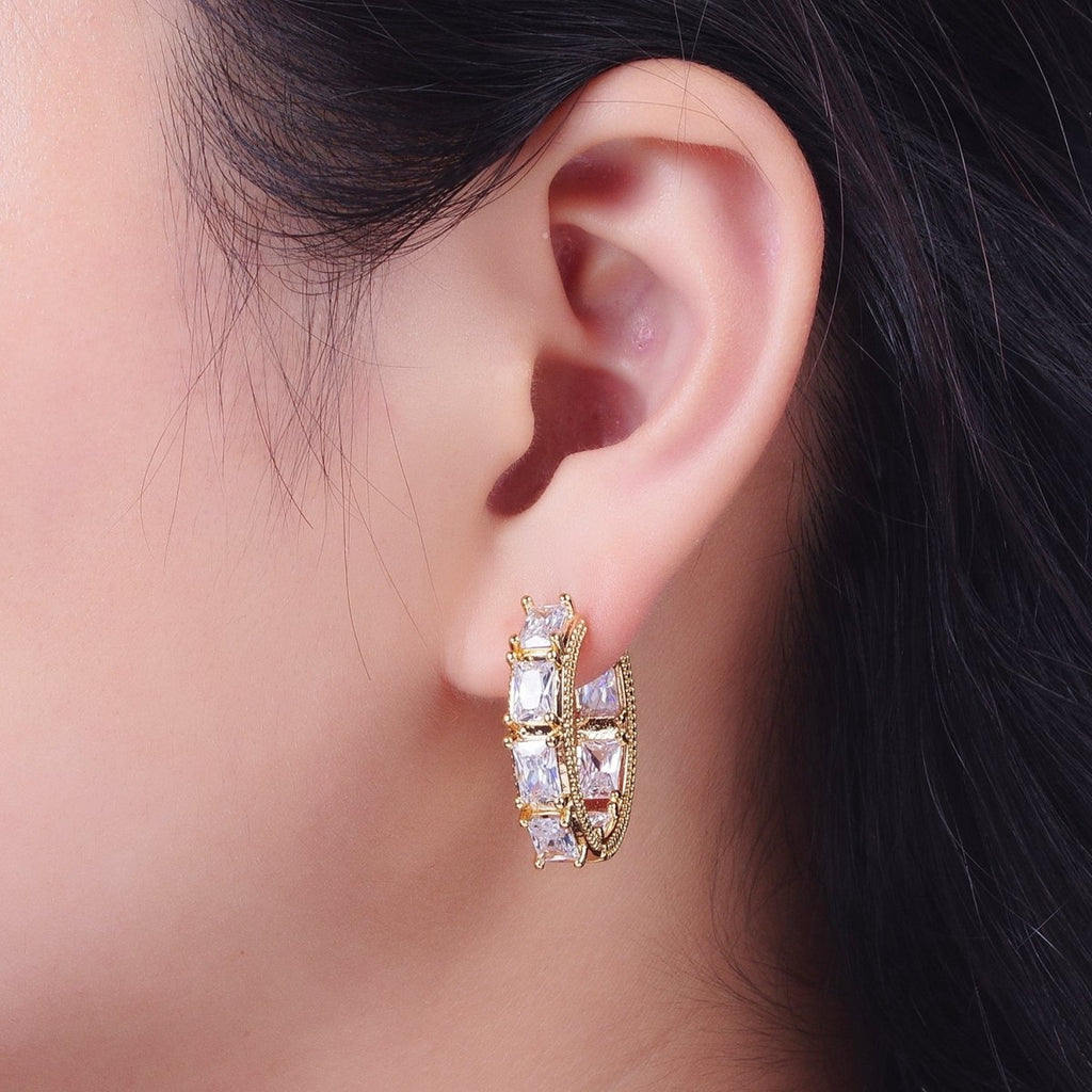 24K Gold plated Inside Outside Double Sided Baguette Cubic Zirconia Beaded Huggie Hoops Earrings | Y-036 - DLUXCA