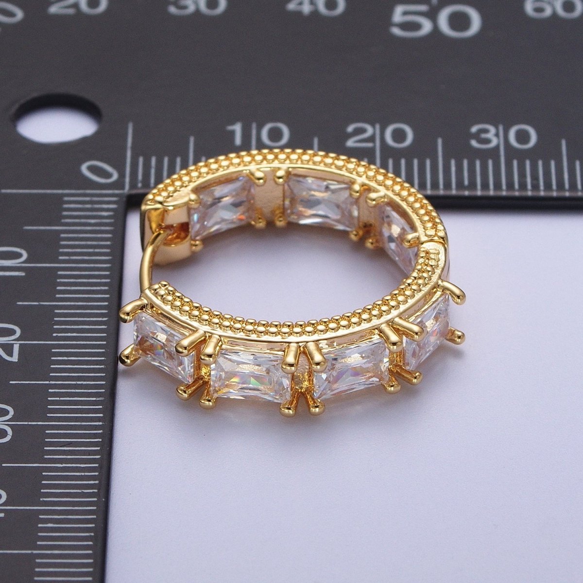 24K Gold plated Inside Outside Double Sided Baguette Cubic Zirconia Beaded Huggie Hoops Earrings | Y-036 - DLUXCA