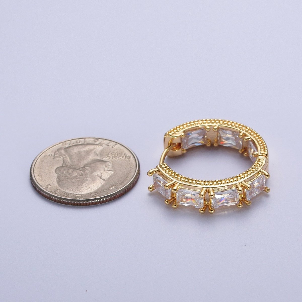 24K Gold plated Inside Outside Double Sided Baguette Cubic Zirconia Beaded Huggie Hoops Earrings | Y-036 - DLUXCA