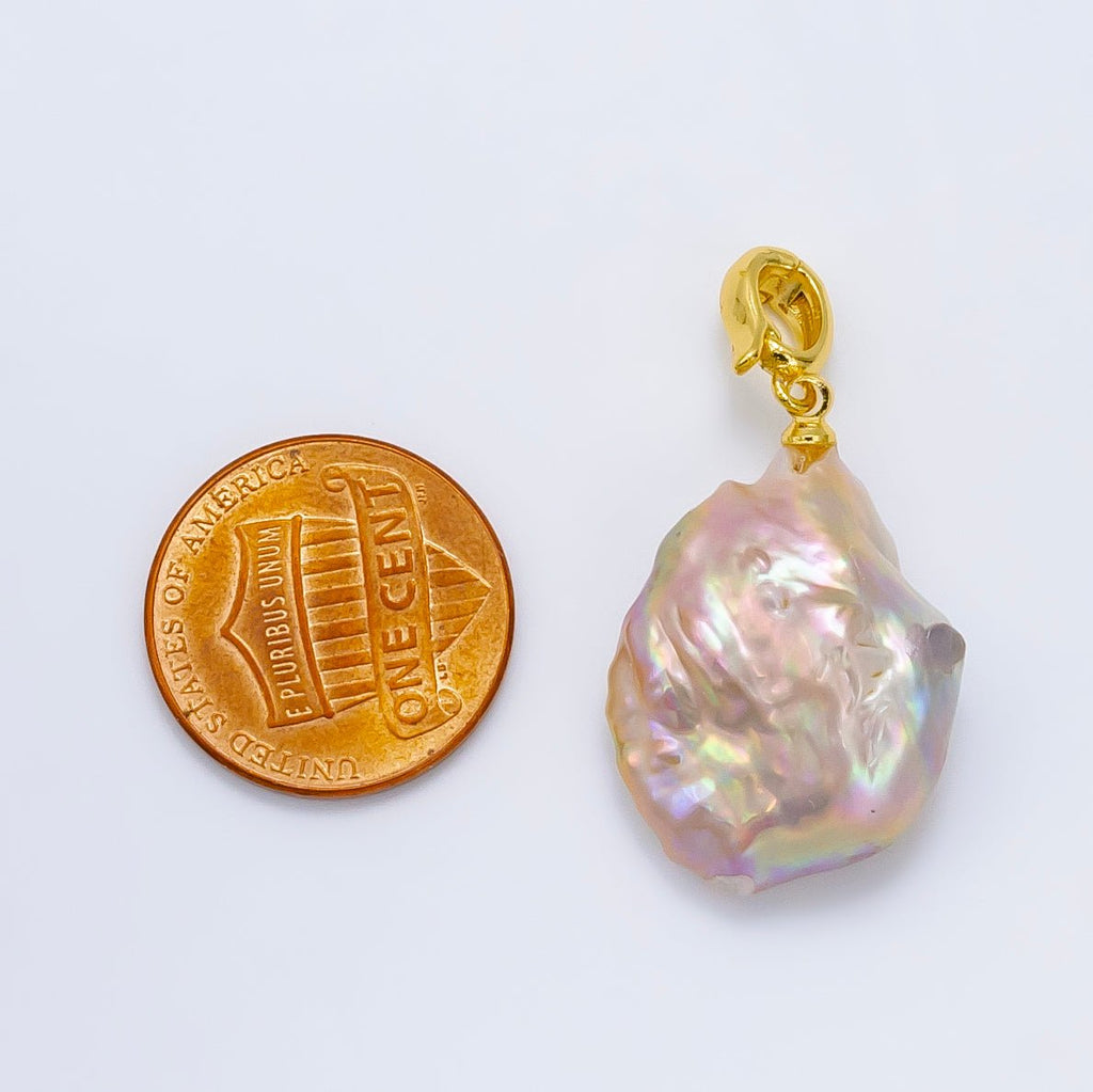 24K Gold plated Iridescent Baroque Freshwater Pearl Snap Latch Bail Pendant | P1910 - DLUXCA