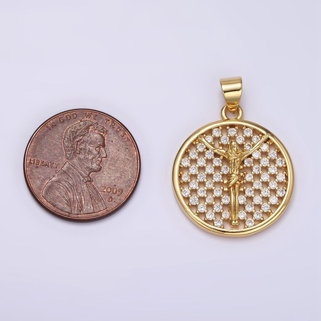24K Gold plated Jesus Crucifix Religious Open Clear CZ Checkered Round Charm | N1945 - DLUXCA