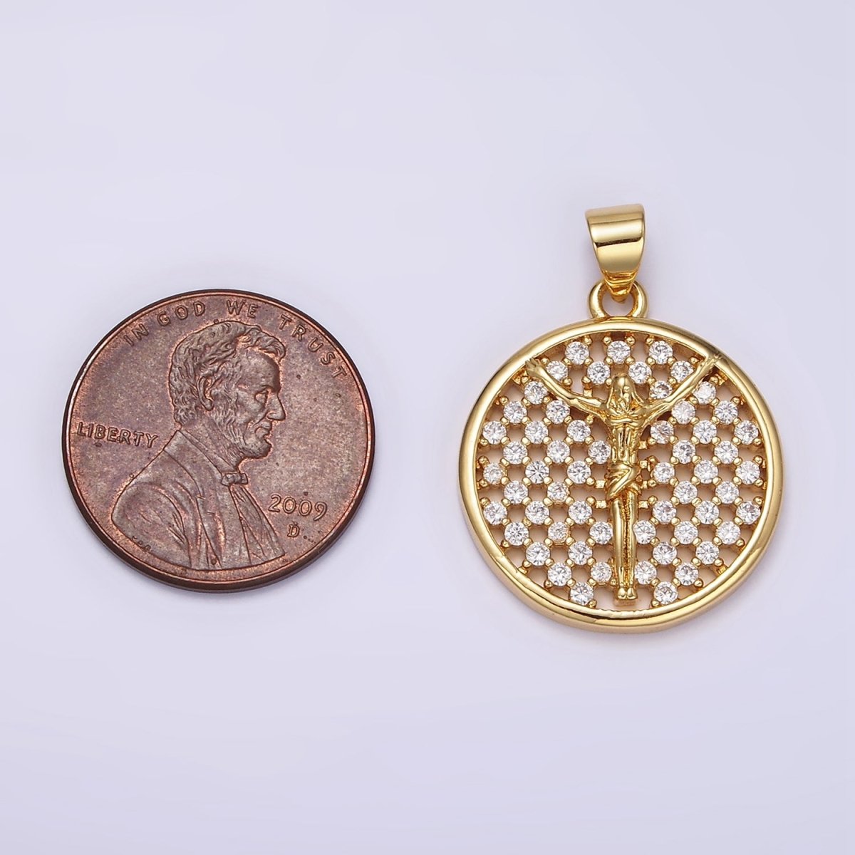 24K Gold plated Jesus Crucifix Religious Open Clear CZ Checkered Round Charm | N1945 - DLUXCA