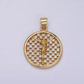 24K Gold plated Jesus Crucifix Religious Open Clear CZ Checkered Round Charm | N1945 - DLUXCA