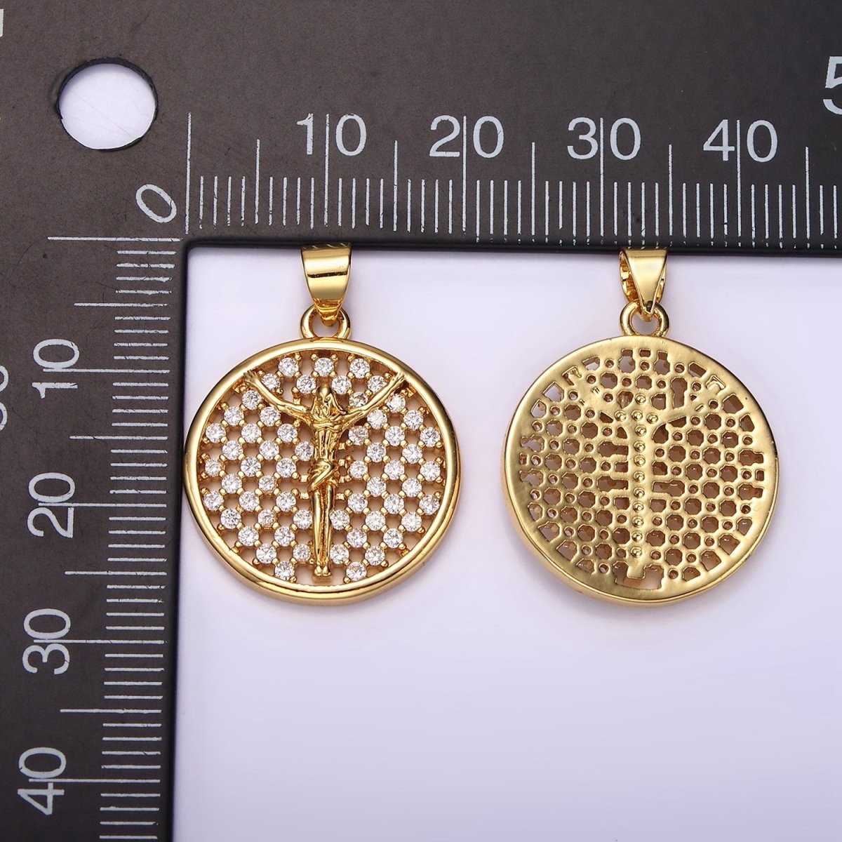 24K Gold plated Jesus Crucifix Religious Open Clear CZ Checkered Round Charm | N1945 - DLUXCA