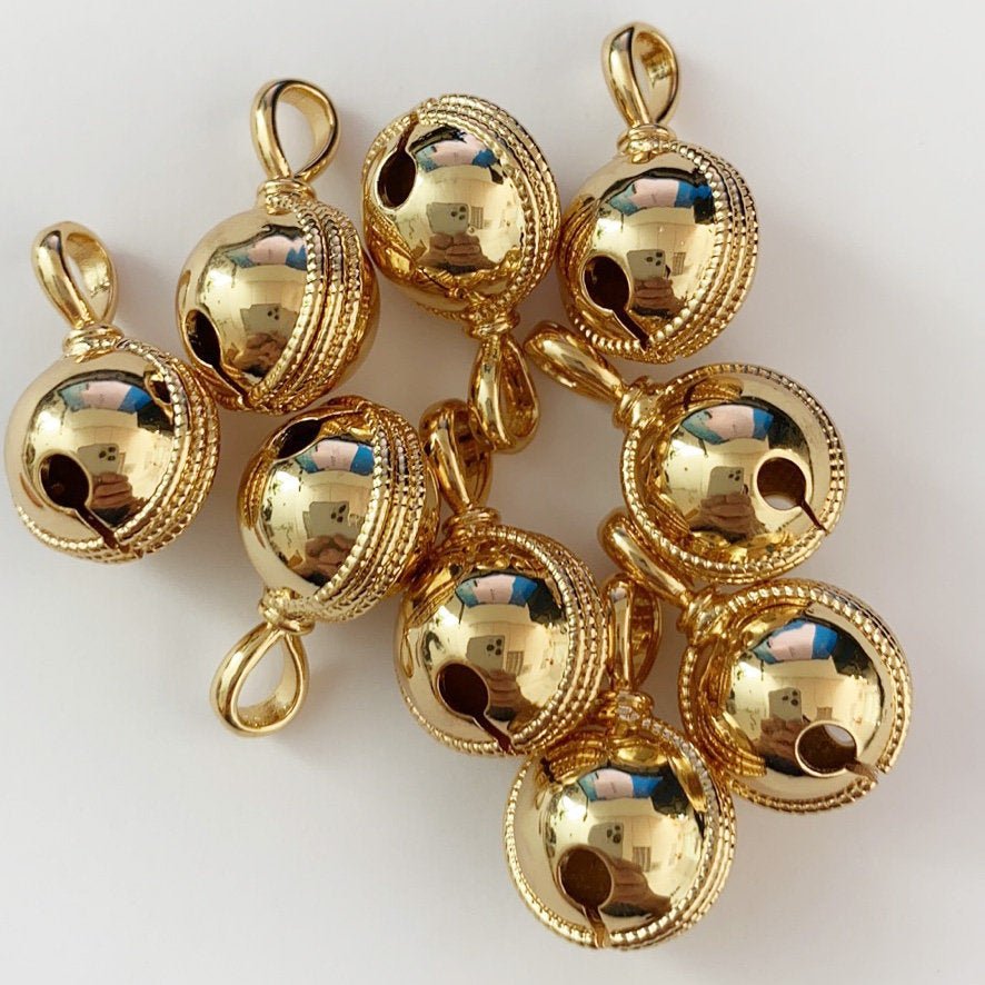 24k Gold plated Jingle Bell Charms Round Bell Charms Antique Gold Bell Pendant for anklet Necklace Bracelet making " Can Jingle" D-157 D-158