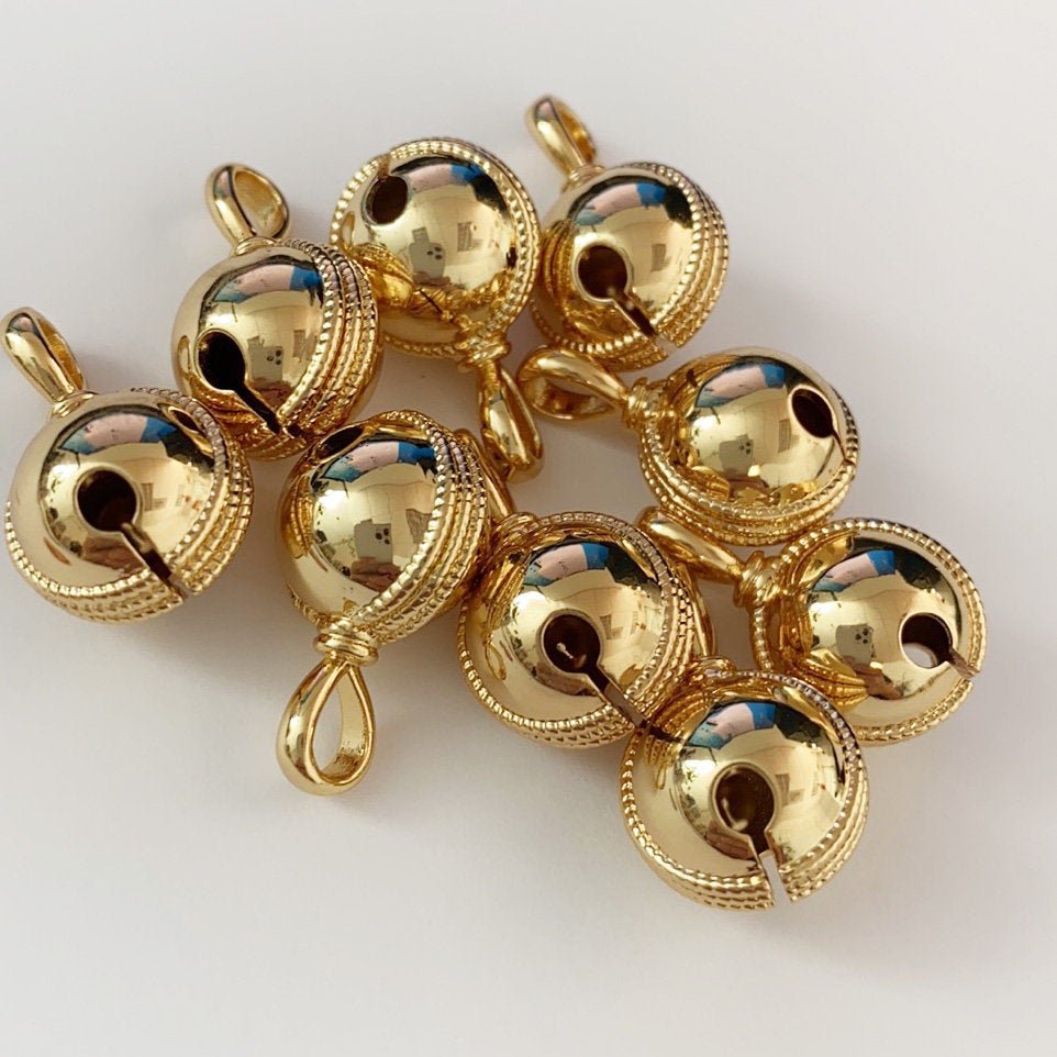 24k Gold plated Jingle Bell Charms Round Bell Charms Antique Gold Bell Pendant for anklet Necklace Bracelet making " Can Jingle" D-157 D-158