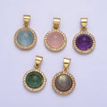 24K Gold plated Labradorite, Blue Agate, Aventurine, Amethyst, Rose Quartz Micro Paved CZ Round Pendant | AA189 - AA193 - DLUXCA