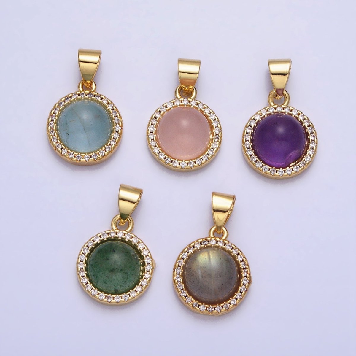 24K Gold plated Labradorite, Blue Agate, Aventurine, Amethyst, Rose Quartz Micro Paved CZ Round Pendant | AA189 - AA193 - DLUXCA