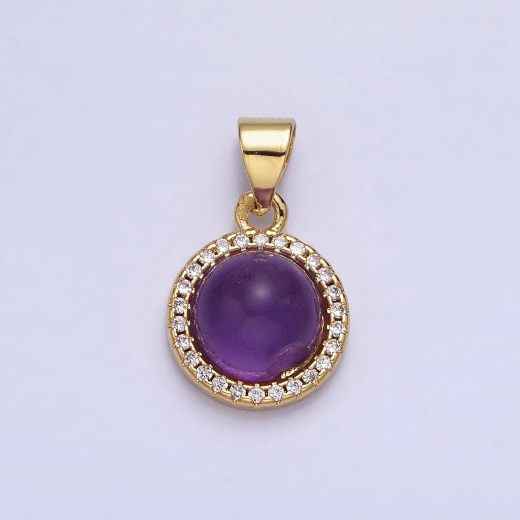 24K Gold plated Labradorite, Blue Agate, Aventurine, Amethyst, Rose Quartz Micro Paved CZ Round Pendant | AA189 - AA193 - DLUXCA